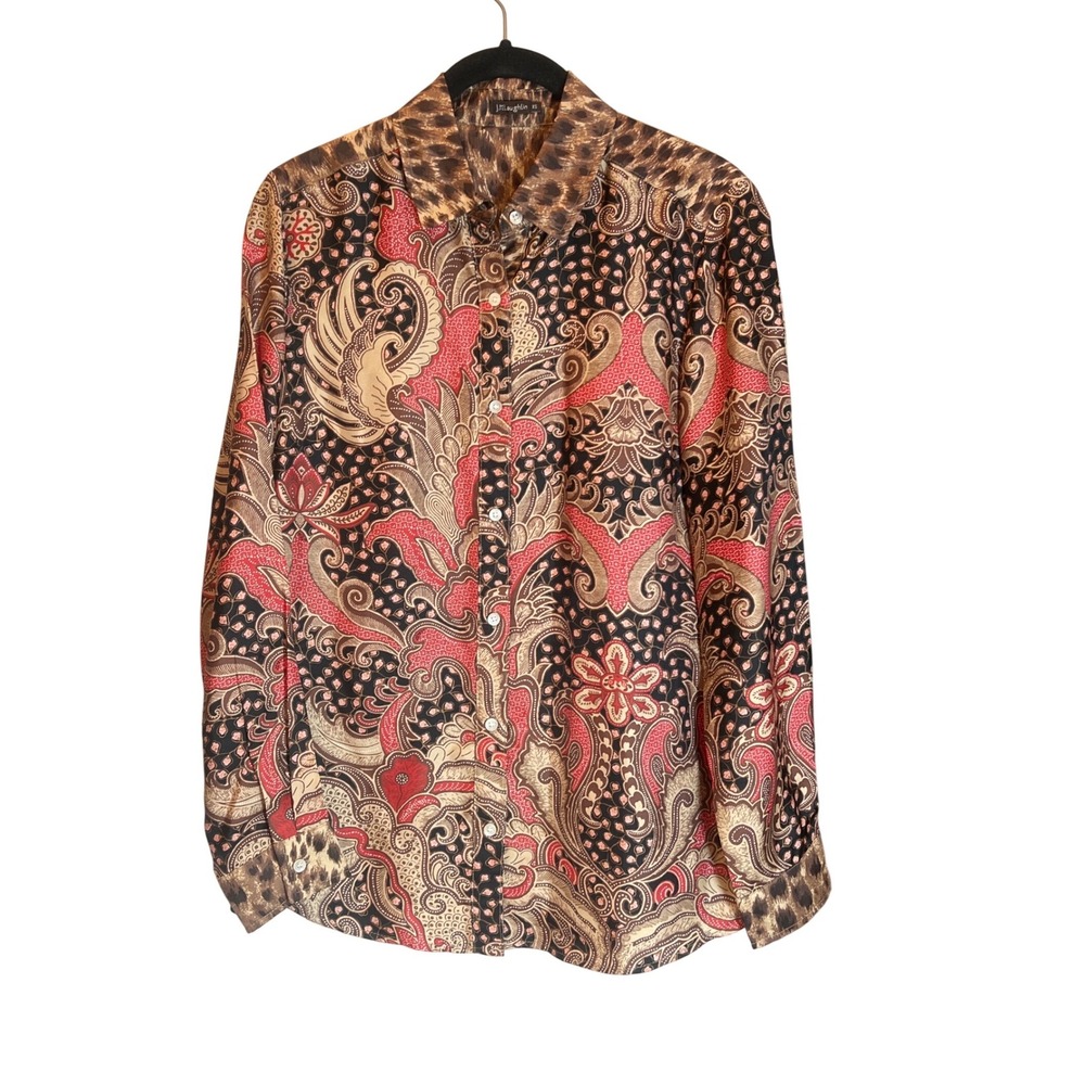 J.‎ McLaughlin XS Silk Blend Paisley Batik Leopard Print Button Down Blouse Red